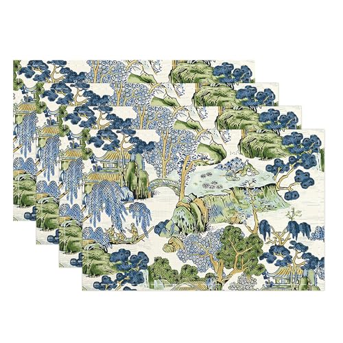 Snycler Table Runner Chinoiserie Vintage Style Mountain Spring Summer Table Runner, Seasonal House Trees Luxury Farmhouse Kitchen Dining Table Decoration for Home Party Decor (12x18 Inch,Set of 4) - color: Chinoiserie #3, size: 12" x 18"