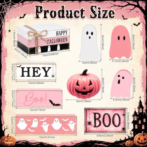 11 Pcs Halloween Table Decoration Pink Ghost Wooden Tiered Tray Decor Halloween Table Centerpiece Wooden Signs for Spooky Season Ghost Party Haunted Home Kitchen Shelf - style: Pink Ghost