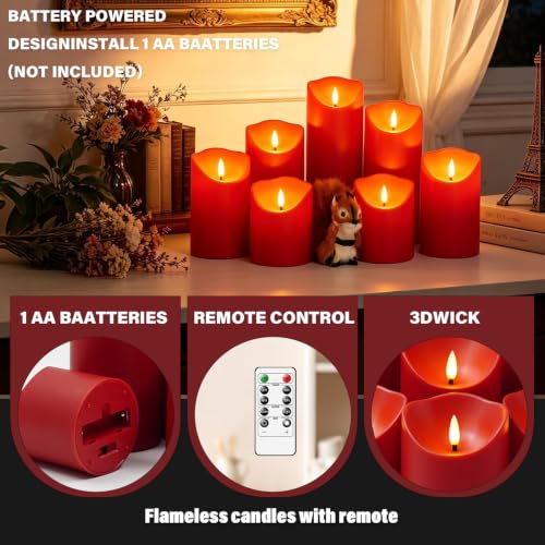 Nimiko Flameless Candles with Remote, Battery Operated Flickering Flameless Candles, LED Candles with Timer 2/4/6/8H, with Realistic LED Candles Set of 9 (D3 x H 3" 4" 5" 6" 7") (Red) - color: Red