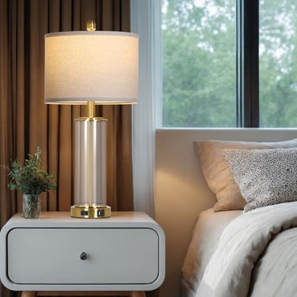 Ruzectt 26" Glass Table Lamp Single, 3-Way Dimmable Touch Control Living Room Lamp with USB C+A Ports & AC Outlet, Modern Bedside Lamps, Bedroom Lamps for Nightstand Side End Table Desk, Gold-1PK - color: Gold-1PK