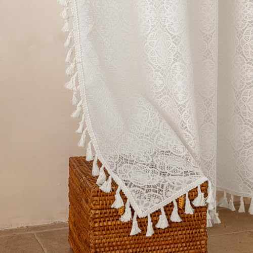 Sheer Boho Lace Curtains 72 Inches Long, Natural White, Set of 2 Panels - color: Natural White, size: 59"W x 72"L (Pack of 2)