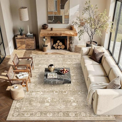 8x10 Washable Living Room Area Rug Non-Slip Retro Khaki Large Carpet - color: Accent | Beige Khaki, size: 8' x 10' (Rectangular)