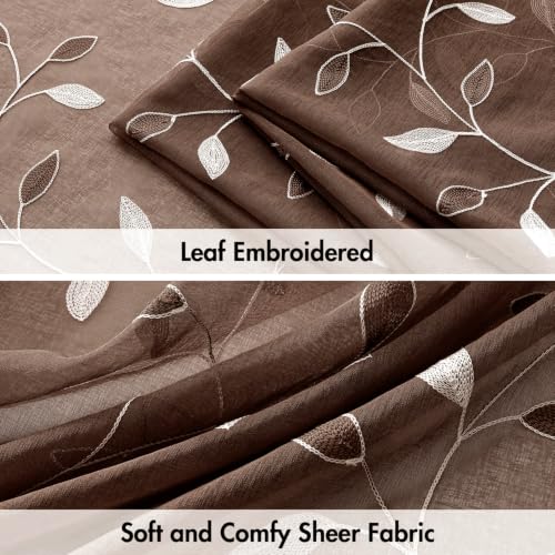 MIULEE Chocolate Brown Sheer Curtains 2 Panels Leaf Patterned, W52 x L96 - color: Chocolate Brown, size: 52"W x 96"L (Pack of 2)