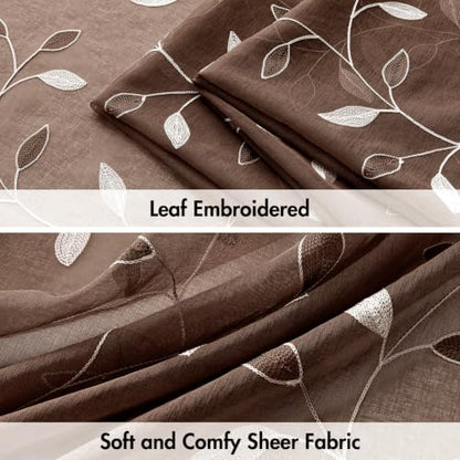 MIULEE Chocolate Brown Sheer Curtains 2 Panels Leaf Patterned, W52 x L96 - color: Chocolate Brown, size: 52"W x 96"L (Pack of 2)