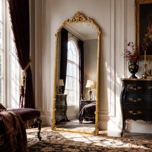 69"x28" Antique Gold Arched Vintage Floor Mirror with Carved - color: Antique Gold