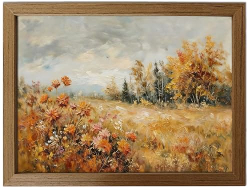 Framed Vintage Fall Landscape Wall Art 12x16 Inch, Rustic Autumn Countryside Canvas Painting with Wooden Frame, Textured Forest Field Artwork Farmhouse Wall Decor for Living Room Bedroom Kitchen - color: yellow fields, size: 16"L x 12"W