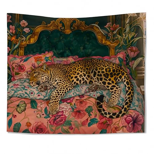 WDSFHYJK Maximalist Sleeping Leopard Tapestry Wall Hanging, Pink and Emerald Green Eclectic Cheetah Wall Tapestry Backdrop for Bedroom Living Room Home Decor, 50x60 Inch - color: Many colors-Sleeping Leopard
