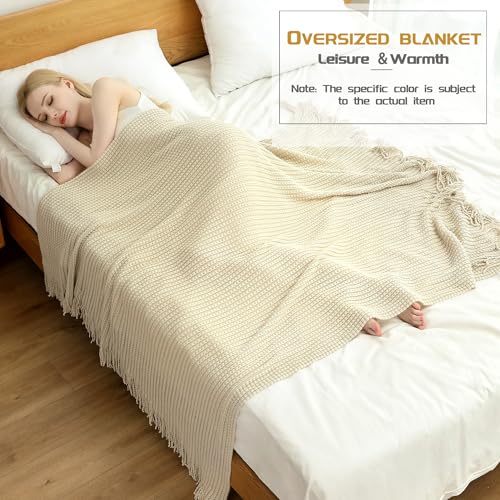 Blagic Knit Throw Blanket for Couch and Bed with Tassels,Off White, 50"x60" - color: D-beige, size: 50 × 60 in