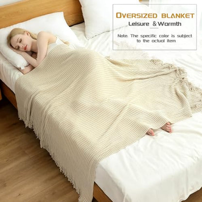 Blagic Knit Throw Blanket for Couch and Bed with Tassels,Off White, 50"x60" - color: D-beige, size: 50 × 60 in