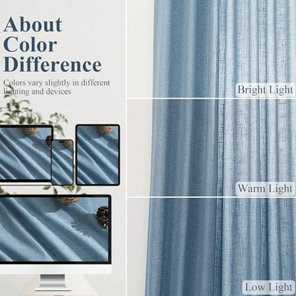 BOODII Linen Curtains 96 Inch Long 8ft for Living Room Blue 2 Panels - color: Blue, size: 52"W x 96"L (Pack of 2)