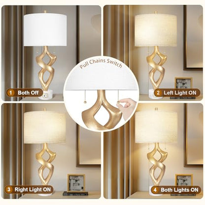 Scenekoy 31” Tall Sculptural Table Lamp Set of 2 with USB Ports for Bedroom - size: 31 inches Gold Leaf -028-SL