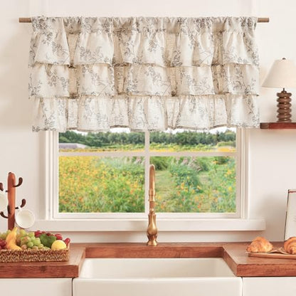jinchan Alisa Ruffled Floral Valance Curtain 18 Inch 1 Panel Grey on Linen - color: Alisa Grey on Linen