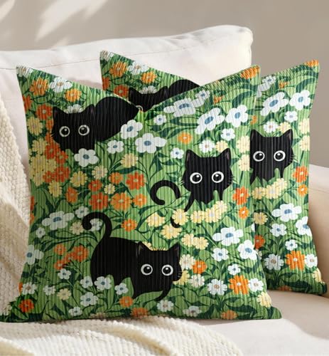 Corduroy Throw Pillow Covers 18x18 - Set of 2 Decorative Spring Pillow Covers with Zipper Farmhouse Decor Cottage Throw Pillowcases for Couch Sofa Living Room Home Bedroom, Cats Flower - color: Three Cats Flower, size: 18" x 18" (Pack of 2)
