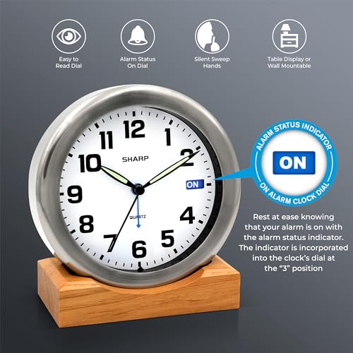 Sharp Silent Sweep Non-Ticking Analog Alarm Desk Metal Clock, Wood Stand
