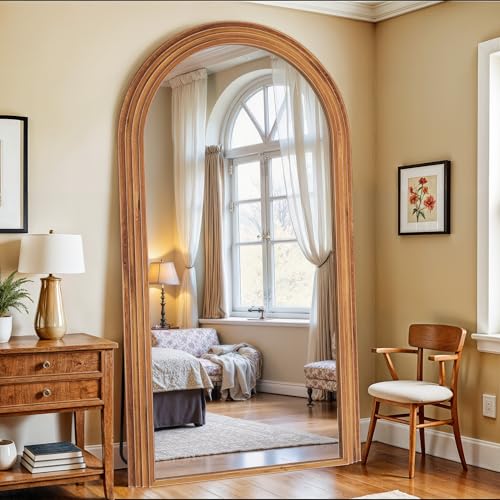 Antok Full Length Mirror 82"×44" Floor Mirror Standing Tall Mirror, Arched Stand up Large Wall Mirrors, Freestanding Full Body Mirrors for Bedroom Living Room Wood Vintage Style Brown - color: Brown, size: 82"L x 44"W, style: Wood Vintage Style