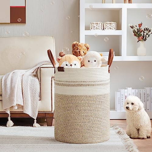 VIPOSCO 100L Tall Woven Rope Laundry Hamper, Leather Handles, Brown & White - color: Brown & White, size: 100L