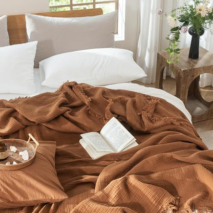 MooMee 100% Cotton Muslin Blanket, Fringed 4-Layer Gauze Bed Couch Throw - color: Drak Orange, size: Throw XL