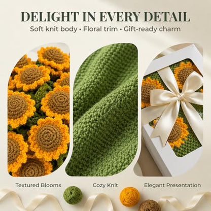 Sunflower Crochet Flower Bouquet Blanket, Handmade Knitted Throw Blanket - color: Green Sunflower, size: Medium