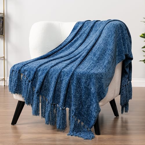 PAVILIA Chenille Throw Blanket, Knit Sofa Couch Tassel Throw, Blue 50x60 - color: Blue, size: 50 X 60 Inches - Throw
