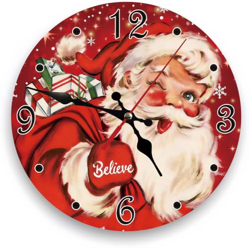 Vintage Santa Claus Silent Non Ticking Wall Clock 12 Inch, Battery Operated, Christmas Red Round Wood Wall Clocks, Decorative for Living Room, Kitchen, Bedroom, Bathroom, Dining Room or Gifts - color: Vintage Santa Claus-christmas Red