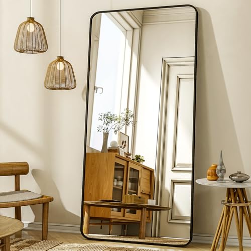 XRAMFY 76"x34" Floor Full Length Mirror Standing Full Body Rounded Corner Rectangle Mirrors with Stand Hanging Wall Mounted Leaning Bedroom Living Room Bedroom Cloakroom,Black - color: Black, size: 76"L x 34"W