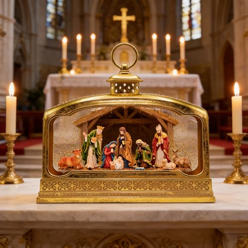 Premium Nativity Christmas Lantern, 11.5" Lighted Snow Globe with Mary Joseph Baby Jesus Scene, Musical Water Lantern with 8 Songs, 6H Timer, USB & Battery Powered, Religious Holiday Decor Gift - color: Gold 31
