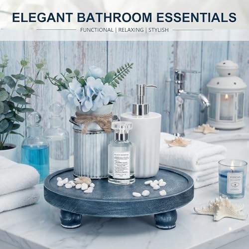 EOSAHR Round Wood Riser for Kitchen Counter, Bathroom Decorative Tray, Blue - color: Blue