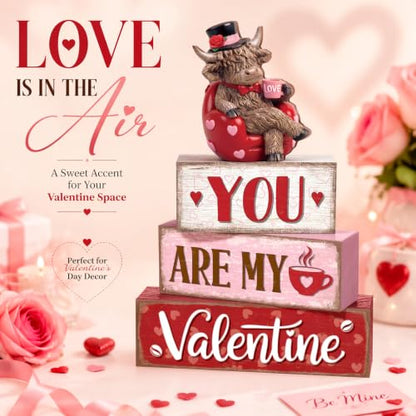 Yousoontic Valentine's Day Highlandcow Block Sign Rustic Tiered Tray Decor - style: Valentine's Day Highlandcow