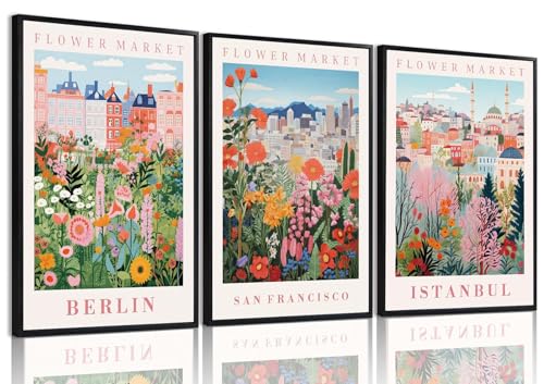 XLARTMY Flower Market Wall Art Prints Canvas Orange and Pink Floral Paintings Colorful Botanical Travel Flower Posters for Home Decor Pictures Set of 3 for Living Room Bedroom 12x16in Unframed - color: Flower Market ORange-2, size: 12x16in Poster