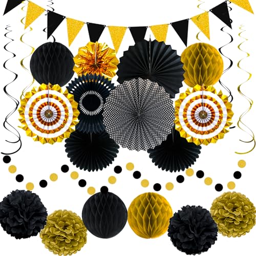 24 Pcs Black and Gold Party Decorations, Paper Fans Pom Poms Garland Decor - color: Black and Gold