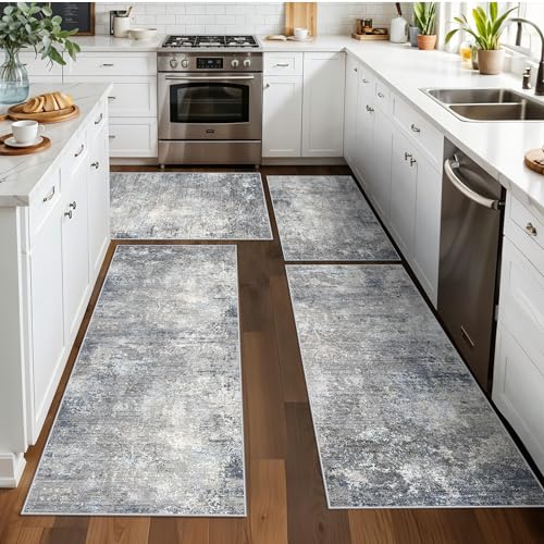 Kitchen Rug Set 4-Piece with Runner – Washable Non-Slip Floor Mats for Sink,Entryway,Hallway,Bathroom – Modern Abstract Neutral Soft Throw Rugs(Blue Grey,2x3+2x4+2x5+2x6) - color: Blue Gray, size: 2x3+2x4+2x5+2x6