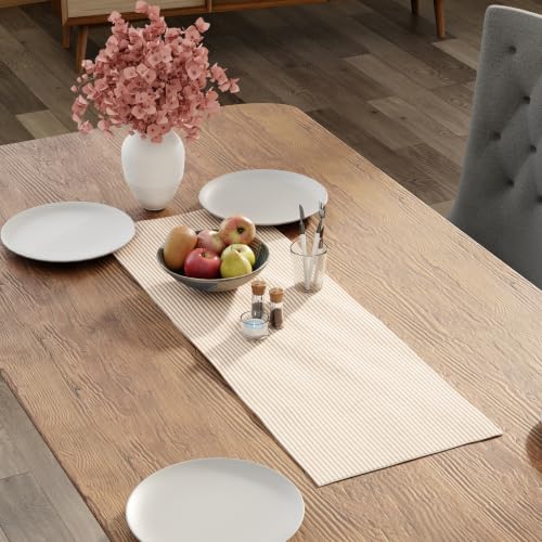 Encasa XO Table Runner, Woven Cotton Dining Linens 13"x36" Beige - color: Ticking Beige, size: 13x36 in