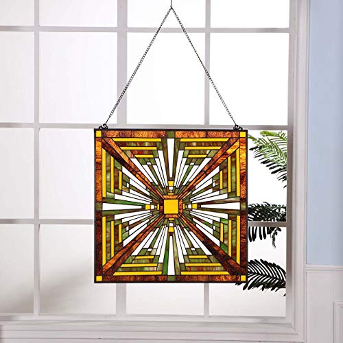 Bieye W10023 Mission Tiffany Style Stained Glass Window Panel with Chain, 24-inch Wide Square Shape, Brown