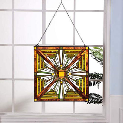 Bieye W10023 Mission Tiffany Style Stained Glass Window Panel with Chain, 24-inch Wide Square Shape, Brown