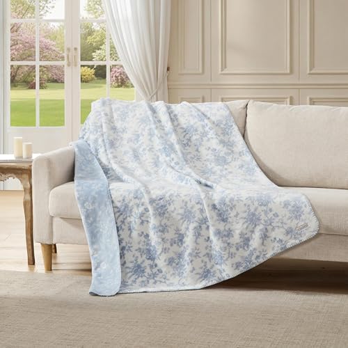 Laura Ashley - Soft Throw Blanket, Reversible Lightweight, 50 x 70 - color: Bedford Stripe Blue