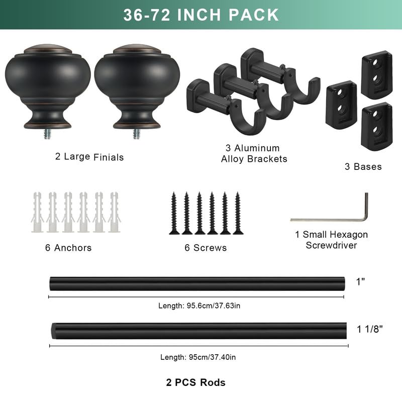 Heavy Duty Curtain Rods, 1 1/8" Diameter Curtain Rod for Window 36-72 Inch(3-6ft), Single Drapery Rods with Classic Finials and Adjustable Aluminum Alloy Brackets, Matte Black - color: Matte Black, size: 36-72"