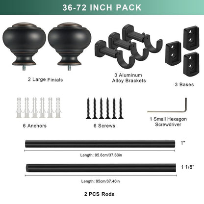 Heavy Duty Curtain Rods, 1 1/8" Diameter Curtain Rod for Window 36-72 Inch(3-6ft), Single Drapery Rods with Classic Finials and Adjustable Aluminum Alloy Brackets, Matte Black - color: Matte Black, size: 36-72"