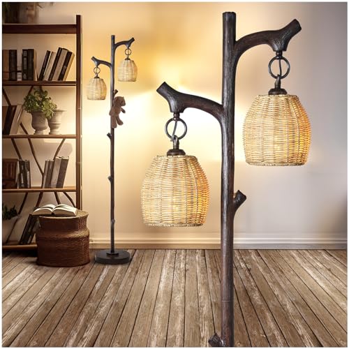 Scenekoy 68" Tall Floor Lamp with Wicker Drum Shade, Foot Switch Dimming - color: Dark Bronze