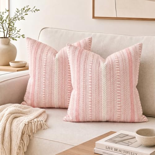 AVOIN colorlife Pink Boho Decorative Throw Pillow Covers Set of 2, 20 x 20 Inch Woven Stripe Textured Rustic Cushion Case Home Decor for Living Room Couch Sofa - color: Pink, size: 20" x 20" (Pack of 2)