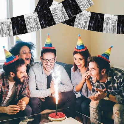 BEISHIDA Black Silver Fringe Garland Banner 30ft Wall Tinsel Foil Streamers - color: Black Silver