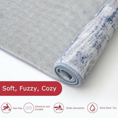 KOZYFLY Modern Abstract Area Rugs 2PCS 2x3 and 2x6 Blue-Grey Machine Washable Runner Rug Non-Slip Living Room Rug, Faux Wool Soft Low Pile Office Carpet for Hallway Entryway Bathroom Bedroom - color: Blue-grey, size: 2' x 3' (Set)