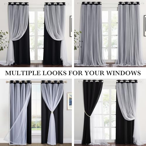Black Blackout Curtains with White Sheer Overlay for Bedroom/Living Room - color: Black, size: 52"W x 72"L (Pack of 2)
