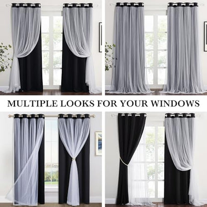 Black Blackout Curtains with White Sheer Overlay for Bedroom/Living Room - color: Black, size: 52"W x 84"L (Pack of 2)