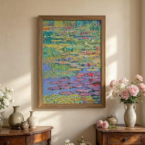 YBYBEST Water Lilies Wall Art Impressionist Pond Oil Painting Print on 300g Heavyweight Canvas, 12x16 Inch Framed Floral Canvas Wall Decor for Living Room Bedroom Office, Modern Botanical Picture Ready to Hang - color: WaterLily, size: 16"L x 12"W