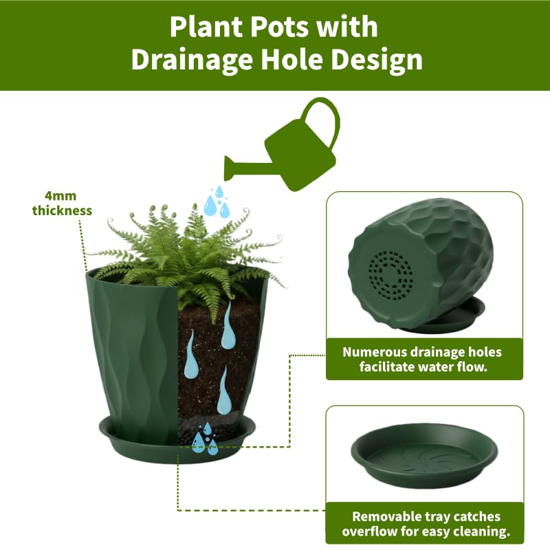 8 Inch Plastic Plant Pots for Plants with Drainage Holes and Saucer, 6 Pack - color: Deep Green 8 Inch