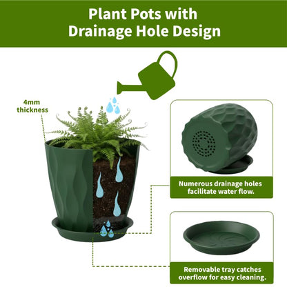 8 Inch Plastic Plant Pots for Plants with Drainage Holes and Saucer, 6 Pack - color: Deep Green 8 Inch