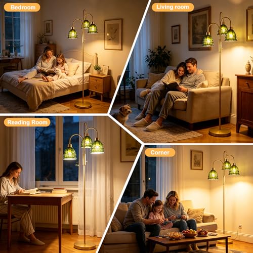 3-Light Glass Floor Lamp Green Shade 70" Gold Dimmable Tall Standing Lamp - color: Green Lace-Gold