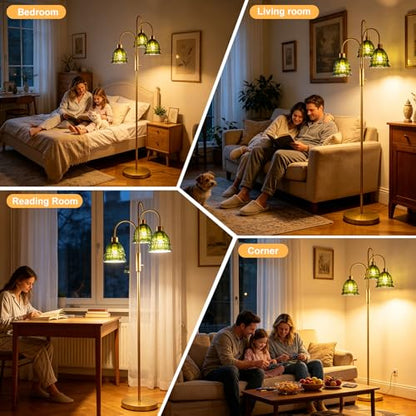 3-Light Glass Floor Lamp Green Shade 70" Gold Dimmable Tall Standing Lamp - color: Green Lace-Gold