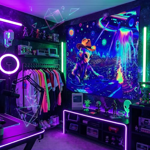 Blacklight Galaxy Alien Party Throw Blankets UV Reactive Night Sky Spaceship Throw Blanket Glow in the Dark Under Black Lights Game Room Decor Soft Throw Gifts 59x51 Inches - color: Alien Party