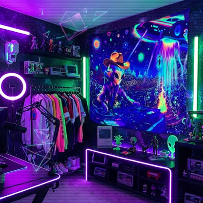 Blacklight Galaxy Alien Party Throw Blankets UV Reactive Night Sky Spaceship Throw Blanket Glow in the Dark Under Black Lights Game Room Decor Soft Throw Gifts 59x51 Inches - color: Alien Party